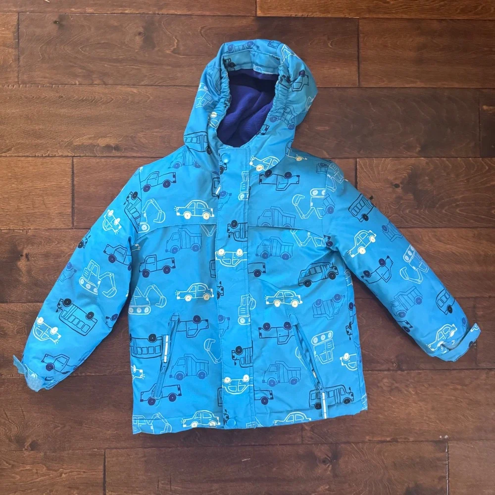 Cat & Jack Boys Blue Construction Vehicle Hooded Winter Jacket 5T Puffer Coat